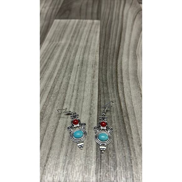 Ornate red & light blue boho dangly earrings - Picture 2 of 3